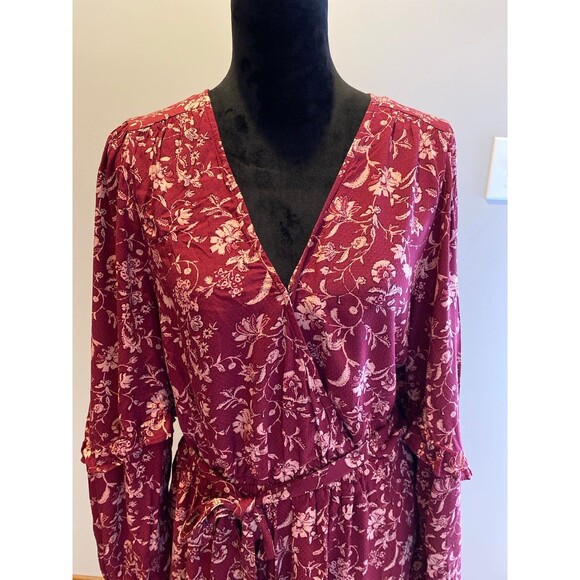 Knox Rose Sz XL Dress Peasant Cottagecore Burgundy Floral Faux Wrap V Neck - Picture 2 of 12